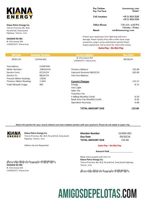 realista Modelo de conta de serviços públicos do Irã Kiana Petro Energy Co em formato Word e PDF